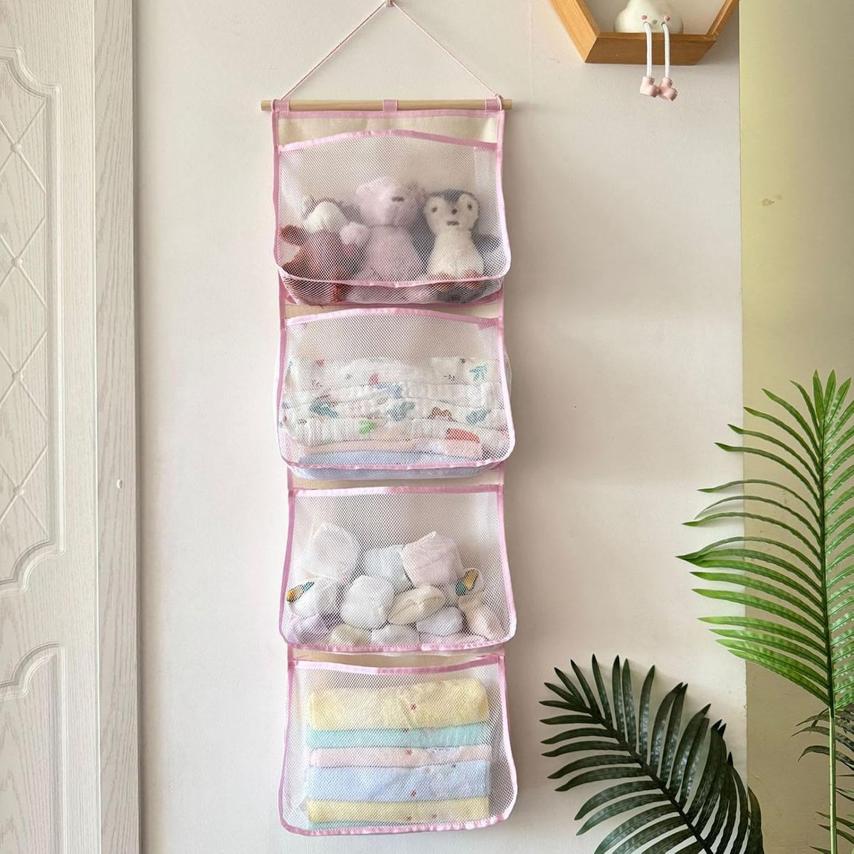 Hanging Storage Bag for Over Door Organizing Pocket Organizer Mesh Hammock Four Large Pockets Breathable Holder Suitable for Kids Room, Pink