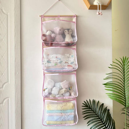 Hanging Storage Bag for Over Door Organizing Pocket Organizer Mesh Hammock Four Large Pockets Breathable Holder Suitable for Kids Room, Pink