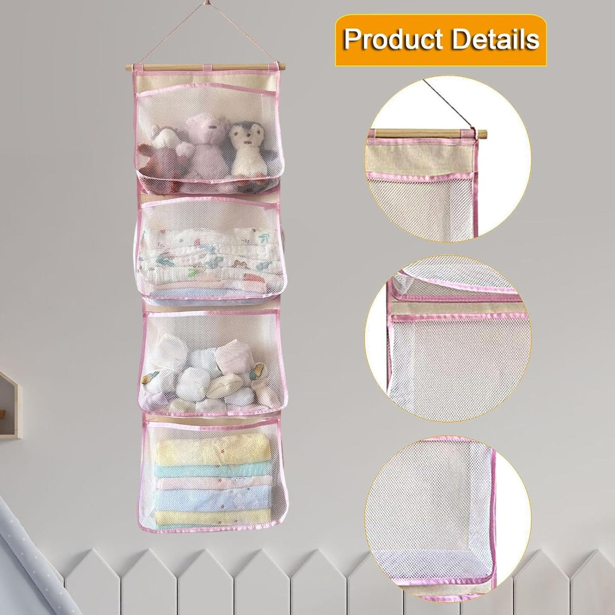 Hanging Storage Bag for Over Door Organizing Pocket Organizer Mesh Hammock Four Large Pockets Breathable Holder Suitable for Kids Room, Pink
