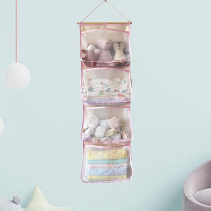 Hanging Storage Bag for Over Door Organizing Pocket Organizer Mesh Hammock Four Large Pockets Breathable Holder Suitable for Kids Room, Pink