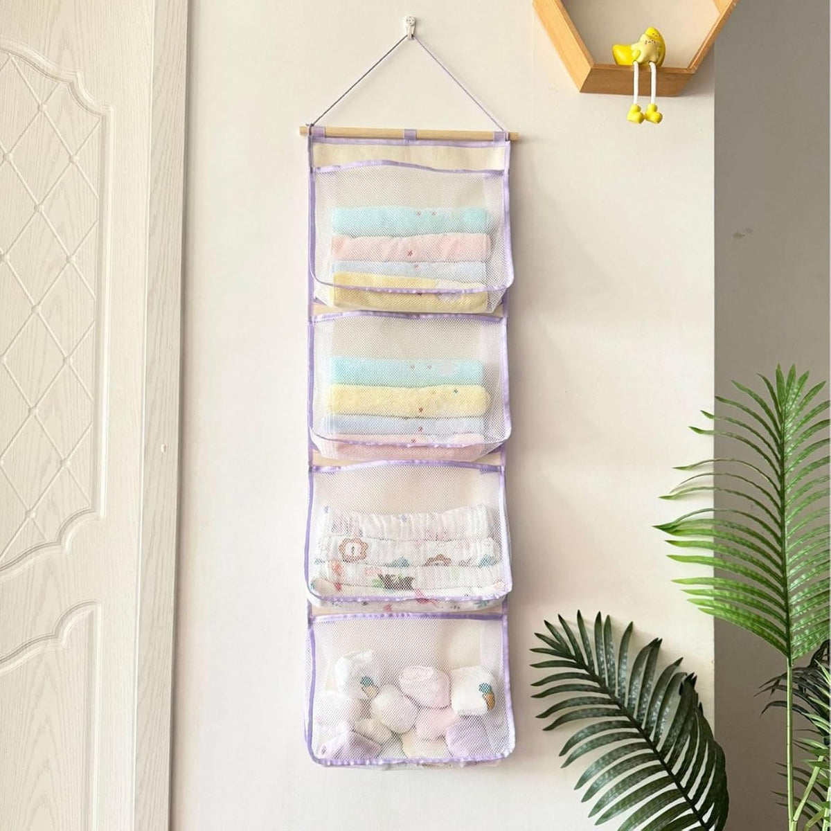 Hanging Storage Bag for Over Door Organizing Pocket Organizer Mesh Hammock Four Large Pockets Breathable Holder Suitable for Kids Room, Pink