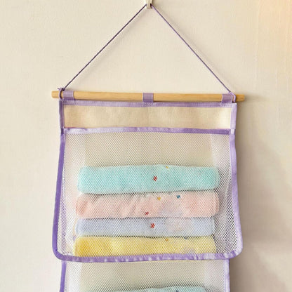 Hanging Storage Bag for Over Door Organizing Pocket Organizer Mesh Hammock Four Large Pockets Breathable Holder Suitable for Kids Room, Pink