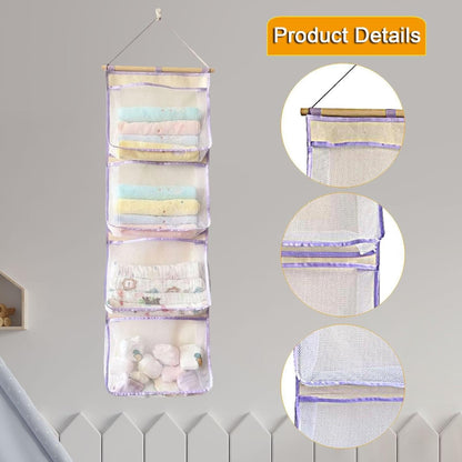 Hanging Storage Bag for Over Door Organizing Pocket Organizer Mesh Hammock Four Large Pockets Breathable Holder Suitable for Kids Room, Pink