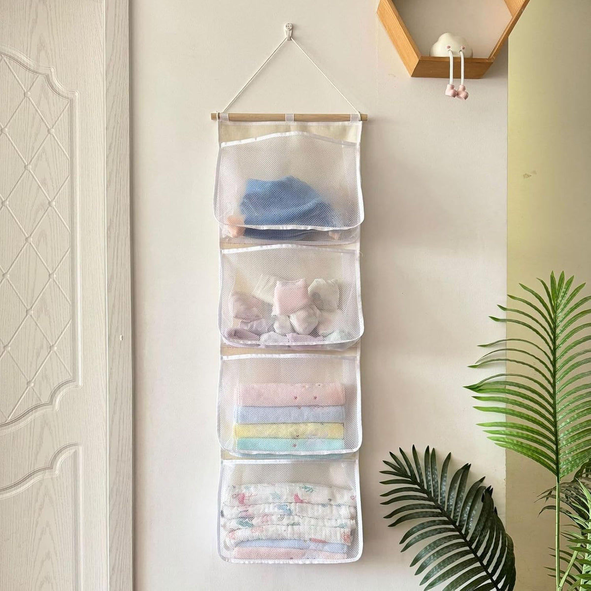 Hanging Storage Bag for Over Door Organizing Pocket Organizer Mesh Hammock Four Large Pockets Breathable Holder Suitable for Kids Room, Pink
