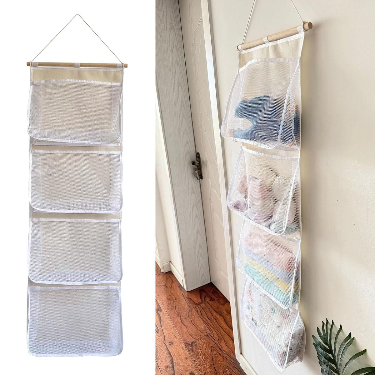 Hanging Storage Bag for Over Door Organizing Pocket Organizer Mesh Hammock Four Large Pockets Breathable Holder Suitable for Kids Room, Pink
