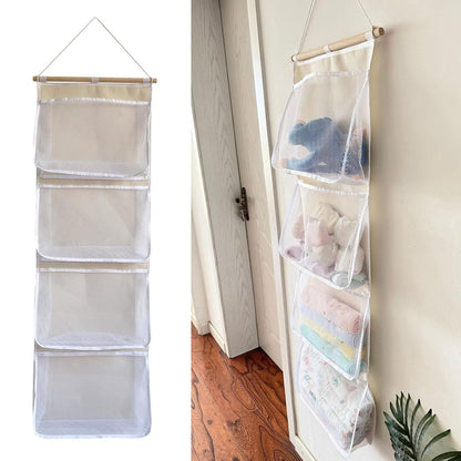 Hanging Storage Bag for Over Door Organizing Pocket Organizer Mesh Hammock Four Large Pockets Breathable Holder Suitable for Kids Room, Pink