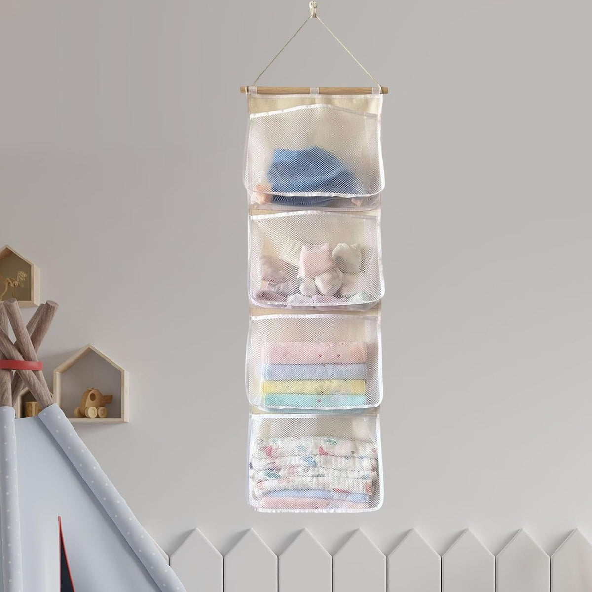 Hanging Storage Bag for Over Door Organizing Pocket Organizer Mesh Hammock Four Large Pockets Breathable Holder Suitable for Kids Room, Pink