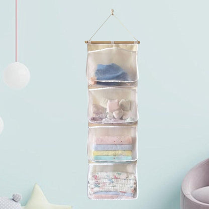 Hanging Storage Bag for Over Door Organizing Pocket Organizer Mesh Hammock Four Large Pockets Breathable Holder Suitable for Kids Room, Pink