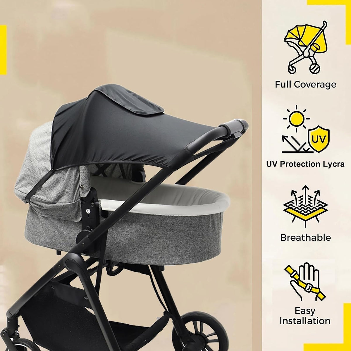 Stroller Sun Shade Cover Universal Stroller Sunshade Extender Baby Buggy Sunshade Canopy UPF50+ Pram Sun Shade Shield with with Skylight/Viewing Window for Pushchair Carrycot Travel Stroller