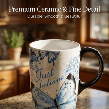 Boho Botanical Ceramic Coffee Mug 17oz with Lid | Folk Art Floral Artwork, Splash-Resistant Lid, Easy Daily Care, Stylish Gift for Women