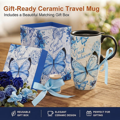 Boho Botanical Ceramic Coffee Mug 17oz with Lid | Folk Art Floral Artwork, Splash-Resistant Lid, Easy Daily Care, Stylish Gift for Women