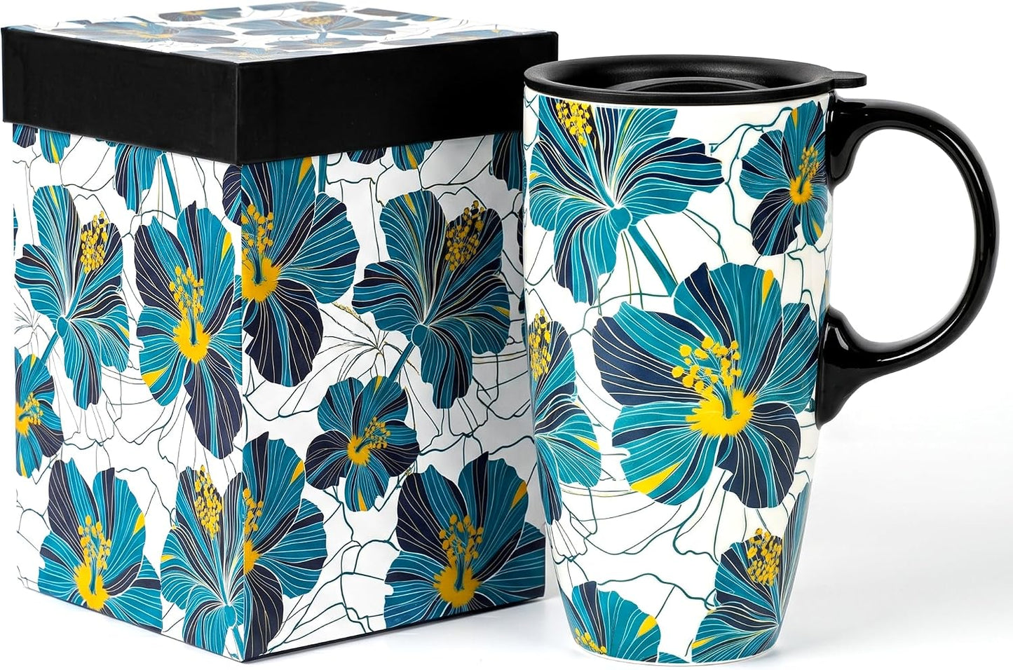 Boho Botanical Ceramic Coffee Mug 17oz with Lid | Folk Art Floral Artwork, Splash-Resistant Lid, Easy Daily Care, Stylish Gift for Women