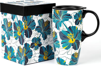 Boho Botanical Ceramic Coffee Mug 17oz with Lid | Folk Art Floral Artwork, Splash-Resistant Lid, Easy Daily Care, Stylish Gift for Women