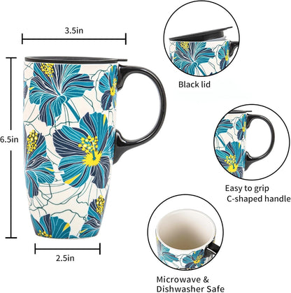 Boho Botanical Ceramic Coffee Mug 17oz with Lid | Folk Art Floral Artwork, Splash-Resistant Lid, Easy Daily Care, Stylish Gift for Women