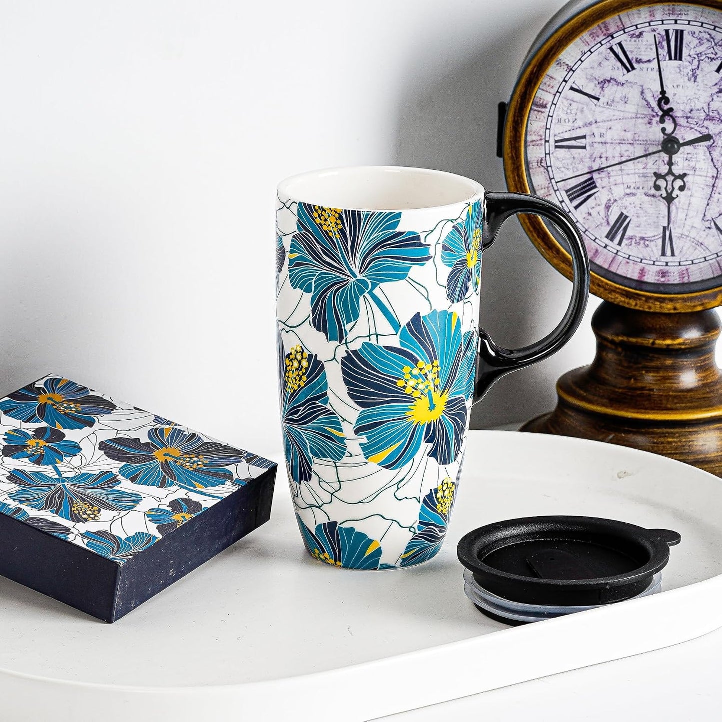 Boho Botanical Ceramic Coffee Mug 17oz with Lid | Folk Art Floral Artwork, Splash-Resistant Lid, Easy Daily Care, Stylish Gift for Women