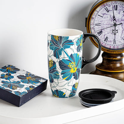 Boho Botanical Ceramic Coffee Mug 17oz with Lid | Folk Art Floral Artwork, Splash-Resistant Lid, Easy Daily Care, Stylish Gift for Women