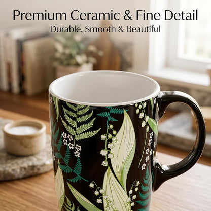 Boho Botanical Ceramic Coffee Mug 17oz with Lid | Folk Art Floral Artwork, Splash-Resistant Lid, Easy Daily Care, Stylish Gift for Women