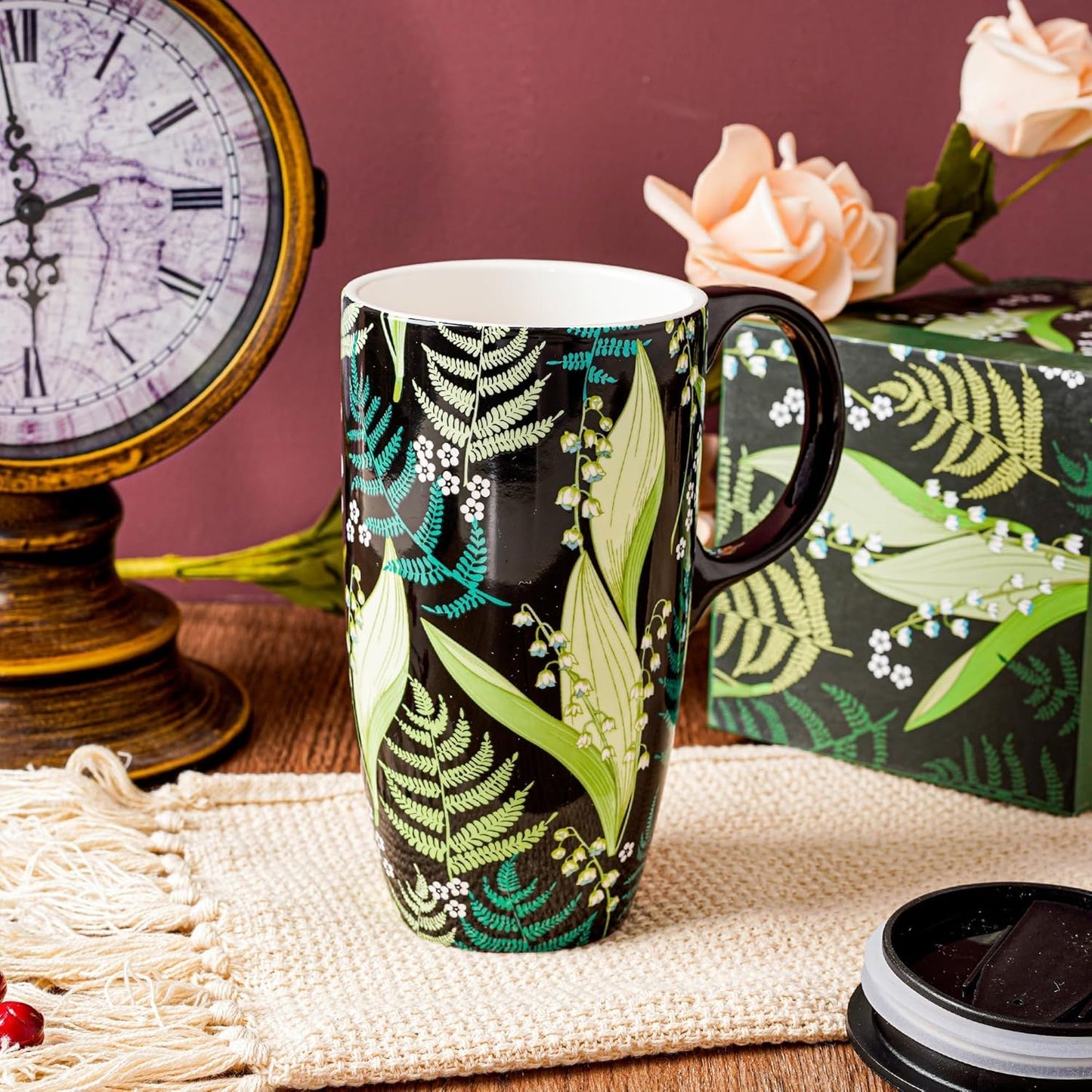 Boho Botanical Ceramic Coffee Mug 17oz with Lid | Folk Art Floral Artwork, Splash-Resistant Lid, Easy Daily Care, Stylish Gift for Women