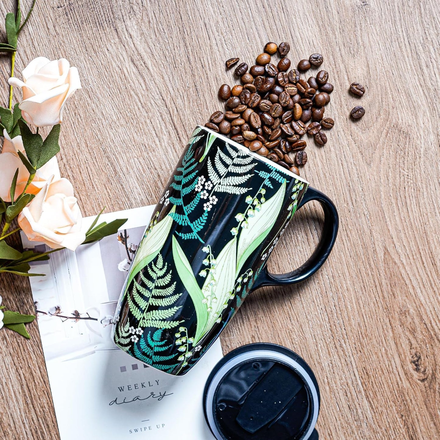 Boho Botanical Ceramic Coffee Mug 17oz with Lid | Folk Art Floral Artwork, Splash-Resistant Lid, Easy Daily Care, Stylish Gift for Women