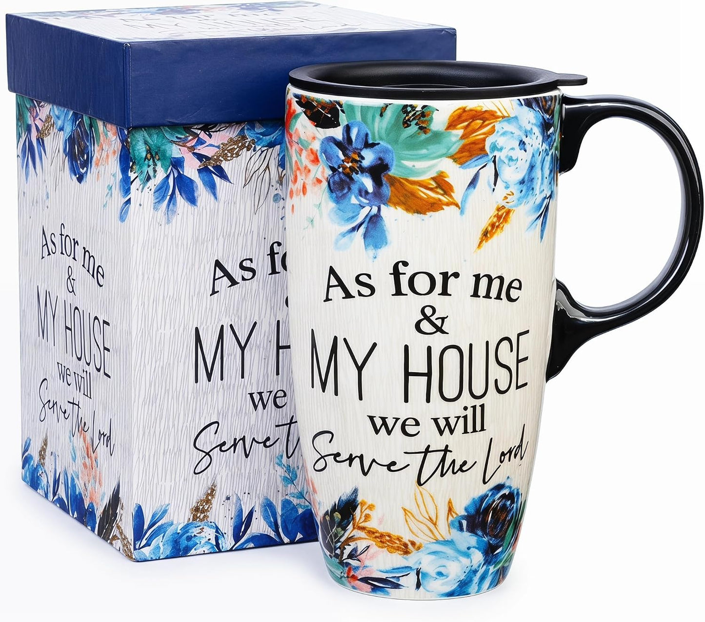 Boho Botanical Ceramic Coffee Mug 17oz with Lid | Folk Art Floral Artwork, Splash-Resistant Lid, Easy Daily Care, Stylish Gift for Women