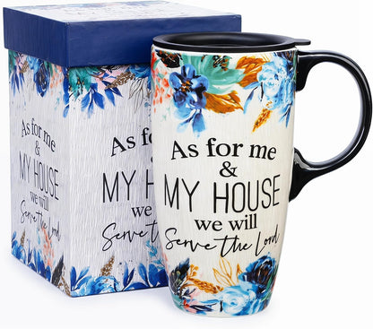 Boho Botanical Ceramic Coffee Mug 17oz with Lid | Folk Art Floral Artwork, Splash-Resistant Lid, Easy Daily Care, Stylish Gift for Women