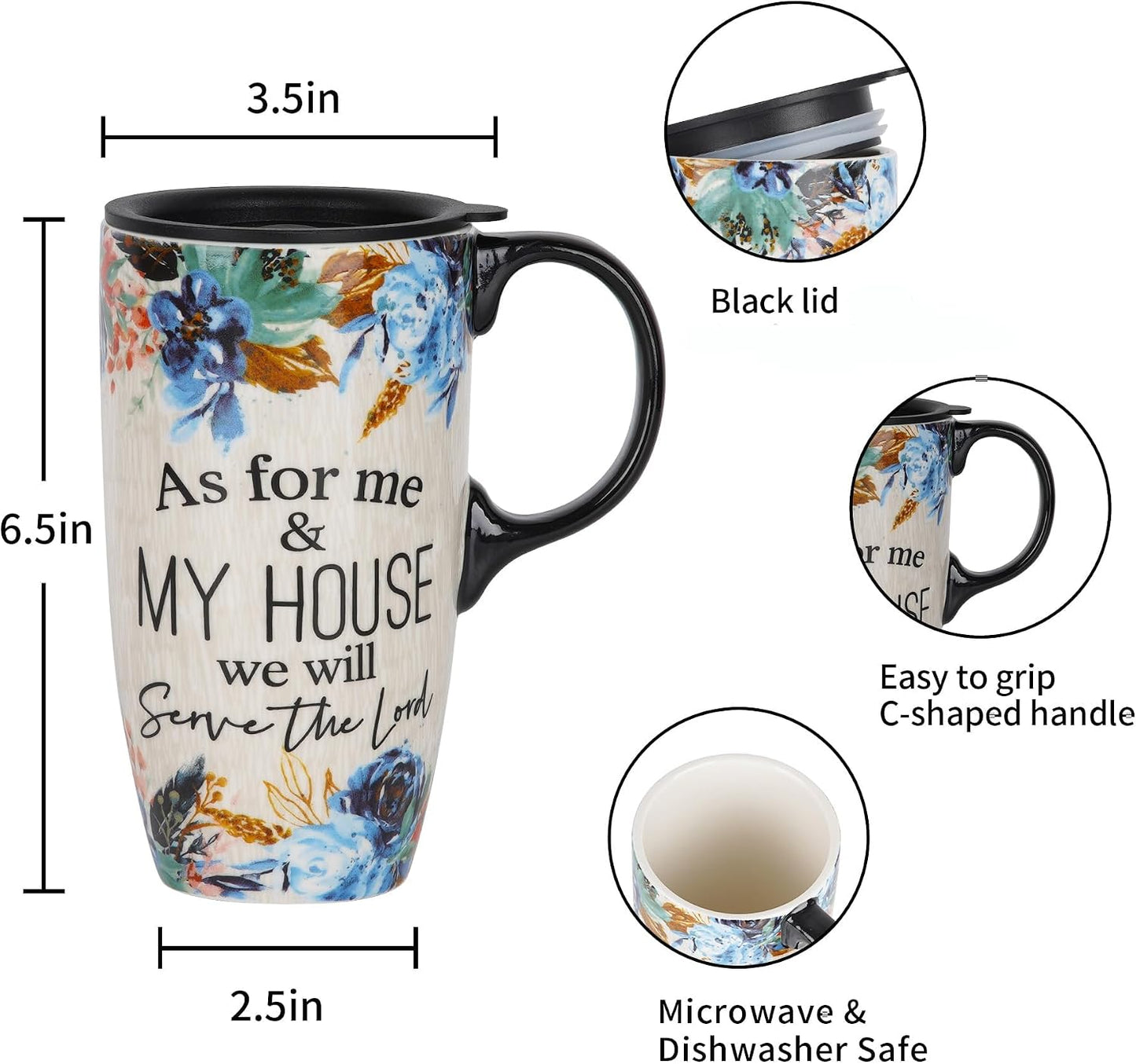 Boho Botanical Ceramic Coffee Mug 17oz with Lid | Folk Art Floral Artwork, Splash-Resistant Lid, Easy Daily Care, Stylish Gift for Women