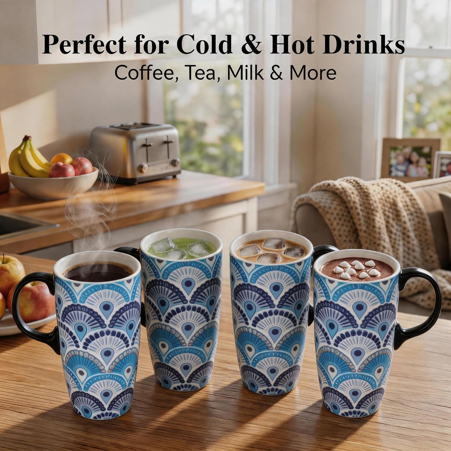 Boho Botanical Ceramic Coffee Mug 17oz with Lid | Folk Art Floral Artwork, Splash-Resistant Lid, Easy Daily Care, Stylish Gift for Women