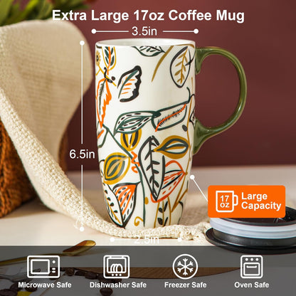 Boho Botanical Ceramic Coffee Mug 17oz with Lid | Folk Art Floral Artwork, Splash-Resistant Lid, Easy Daily Care, Stylish Gift for Women