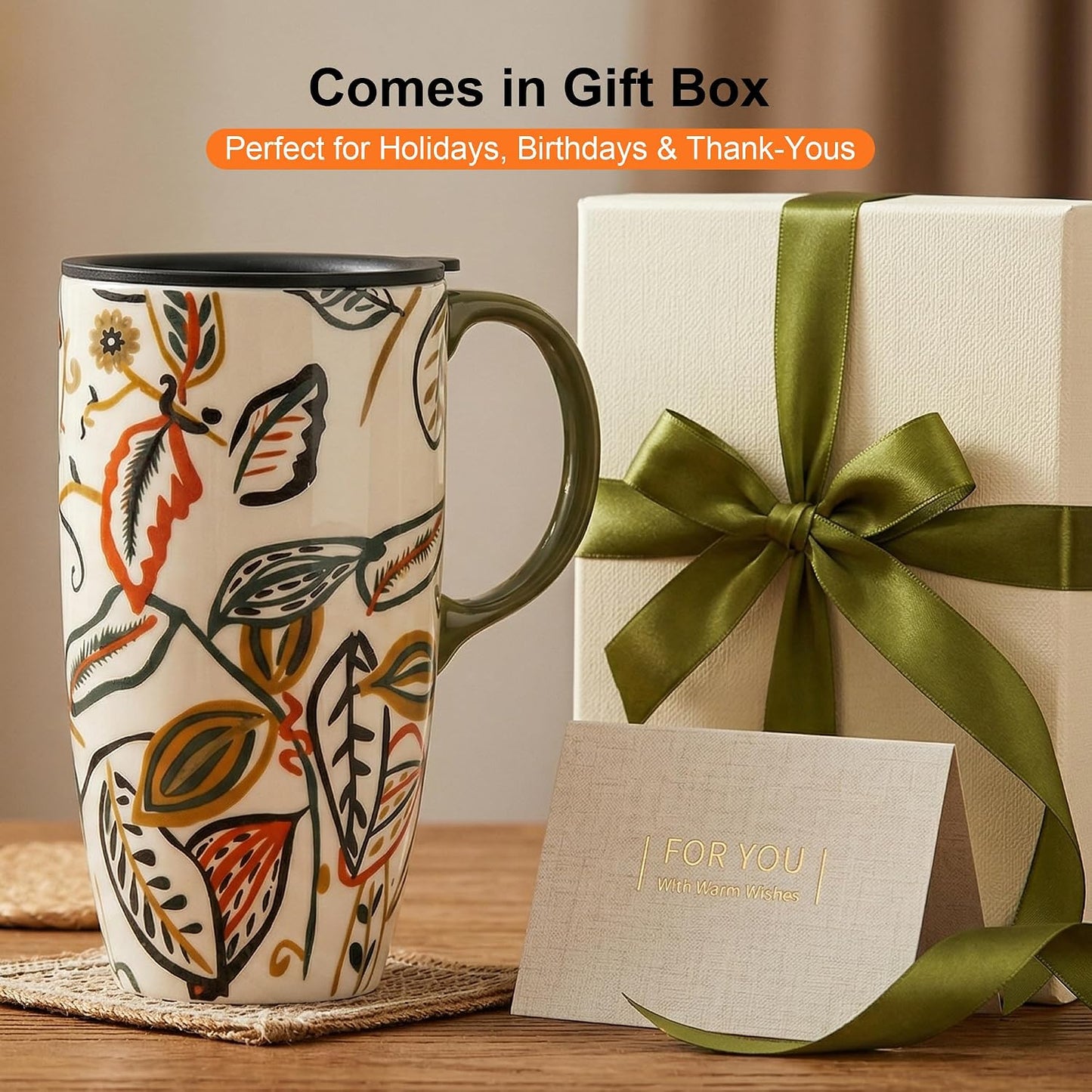 Boho Botanical Ceramic Coffee Mug 17oz with Lid | Folk Art Floral Artwork, Splash-Resistant Lid, Easy Daily Care, Stylish Gift for Women