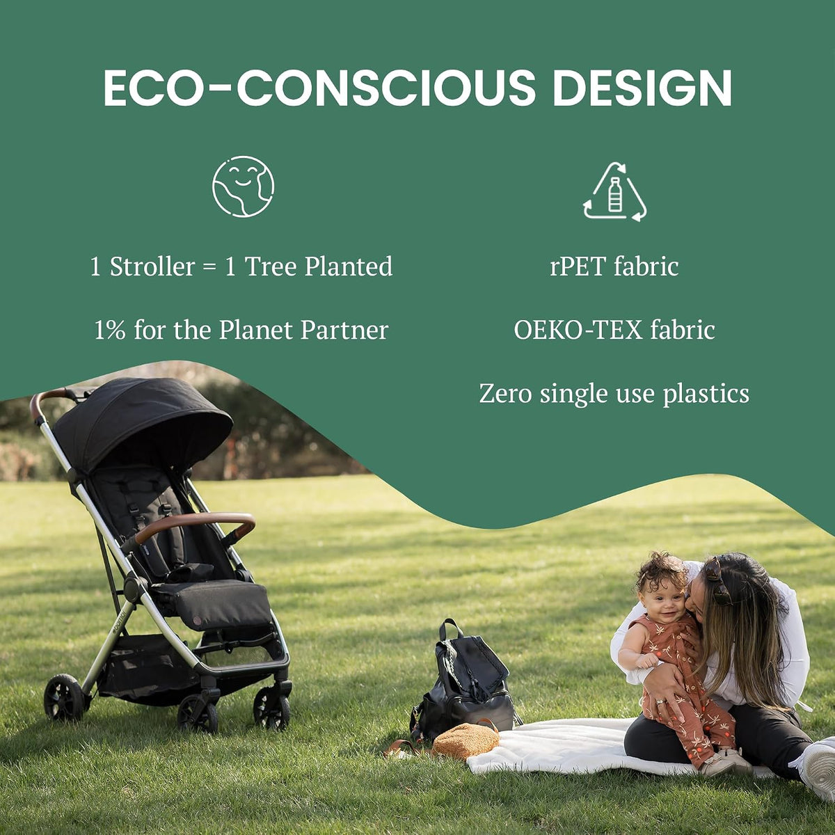 Bombi Bēbee V2 Lightweight Baby Stroller - Premium Vegan Leather, One-Hand Fold, Infinite Recline, Aircraft-Grade Aluminum Frame, XXL Canopy, and Ample Storage Umbrella Stroller - Hunter Green