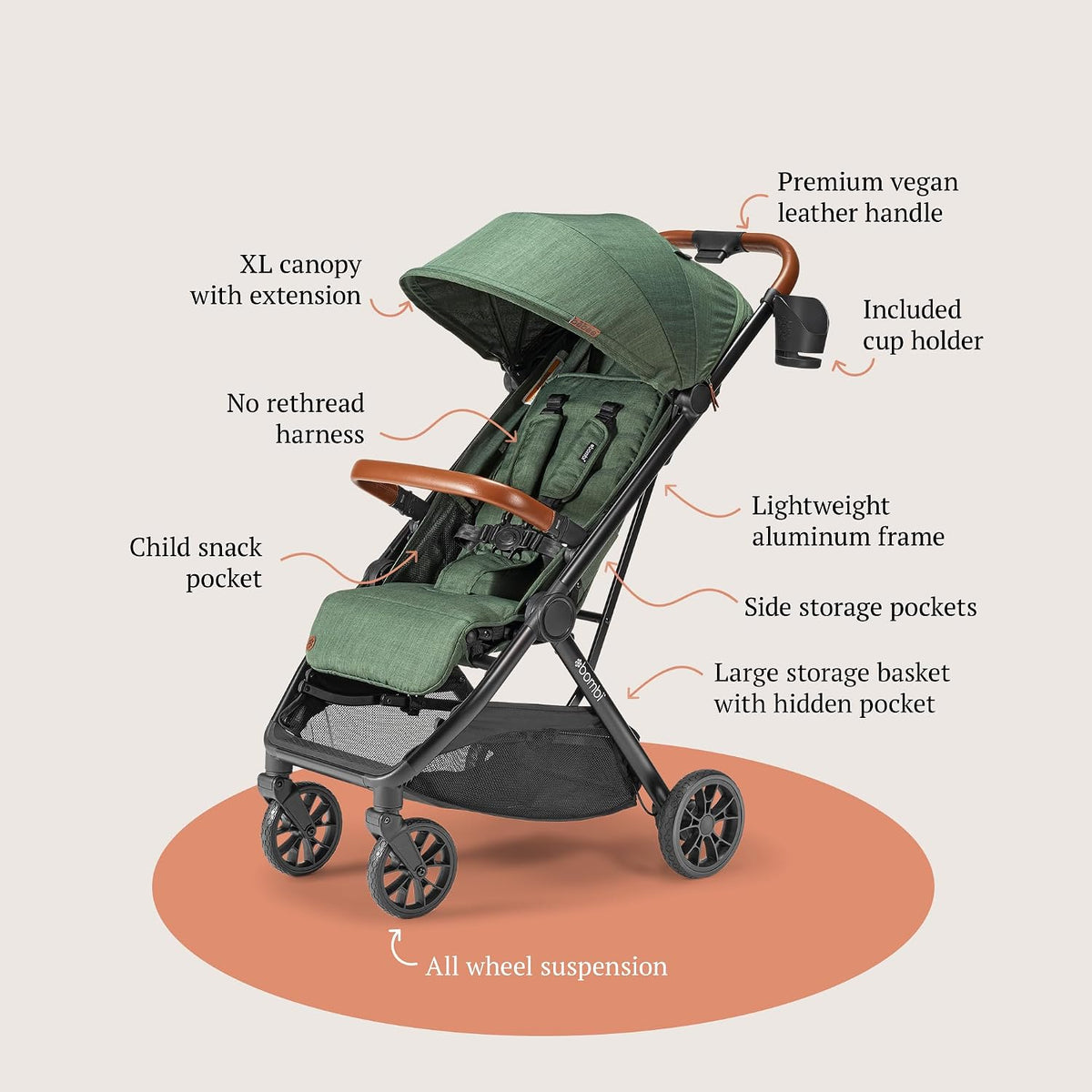 Bombi Bēbee V2 Lightweight Baby Stroller - Premium Vegan Leather, One-Hand Fold, Infinite Recline, Aircraft-Grade Aluminum Frame, XXL Canopy, and Ample Storage Umbrella Stroller - Hunter Green
