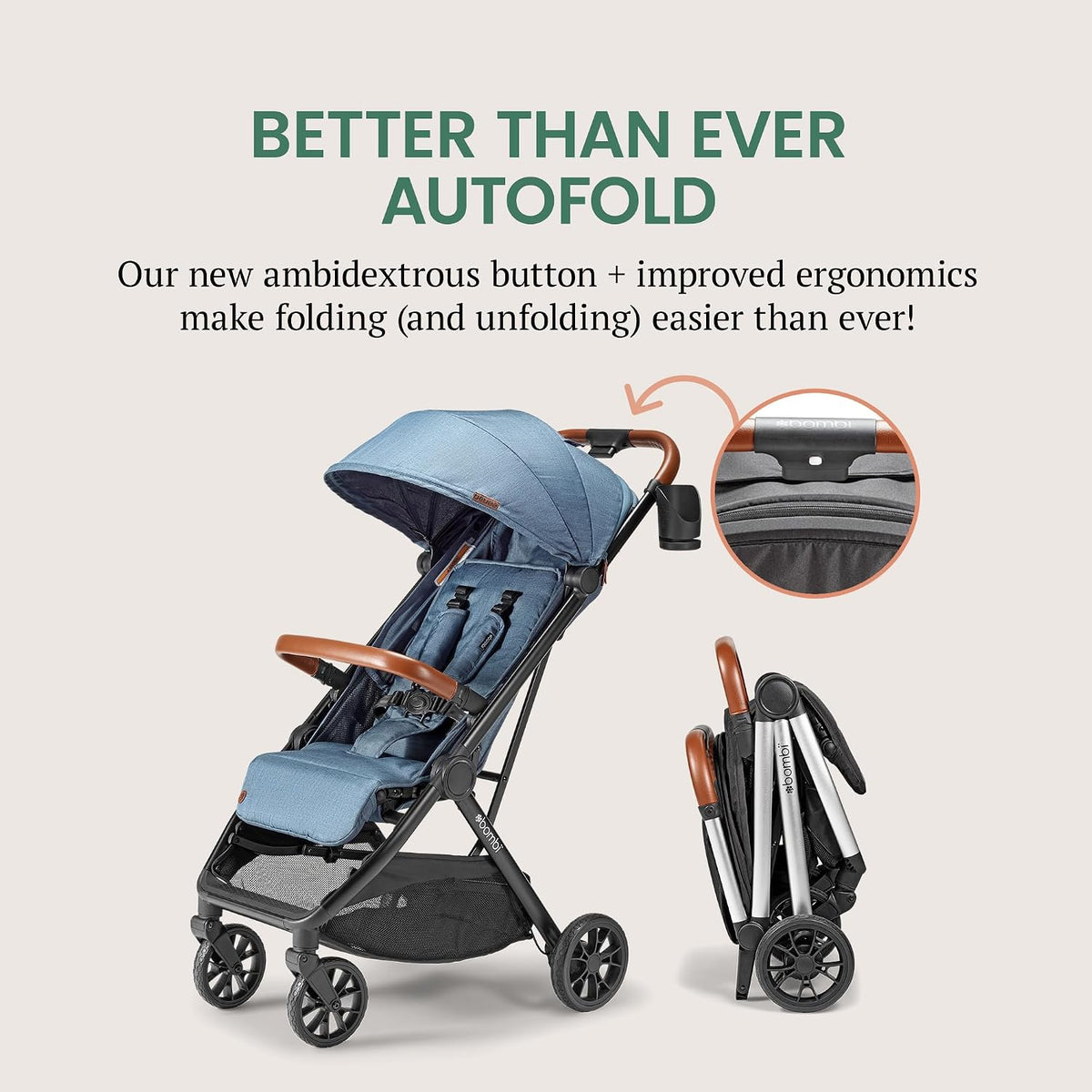 Bombi Bēbee V2 Lightweight Baby Stroller - Premium Vegan Leather, One-Hand Fold, Infinite Recline, Aircraft-Grade Aluminum Frame, XXL Canopy, and Ample Storage Umbrella Stroller - Hunter Green