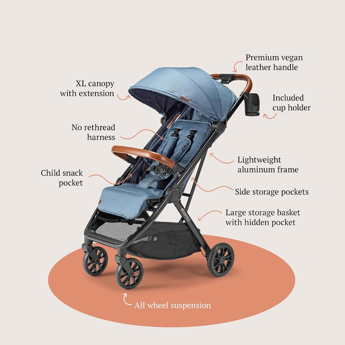 Bombi Bēbee V2 Lightweight Baby Stroller - Premium Vegan Leather, One-Hand Fold, Infinite Recline, Aircraft-Grade Aluminum Frame, XXL Canopy, and Ample Storage Umbrella Stroller - Hunter Green