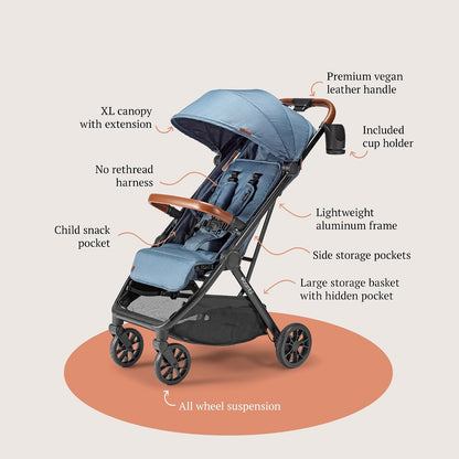 Bombi Bēbee V2 Lightweight Baby Stroller - Premium Vegan Leather, One-Hand Fold, Infinite Recline, Aircraft-Grade Aluminum Frame, XXL Canopy, and Ample Storage Umbrella Stroller - Hunter Green