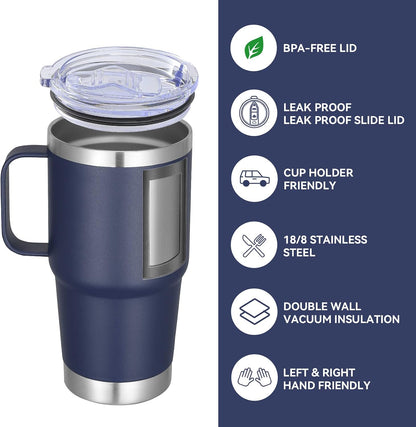 20 oz Tumbler with Handle Lid and Straw, Stainless Steel Insulated Travel Coffee Mug Spill Proof Double Wall Metal Tumbler Cup Keeps Drink Hot and Cold, Navy Blue 1 Pack