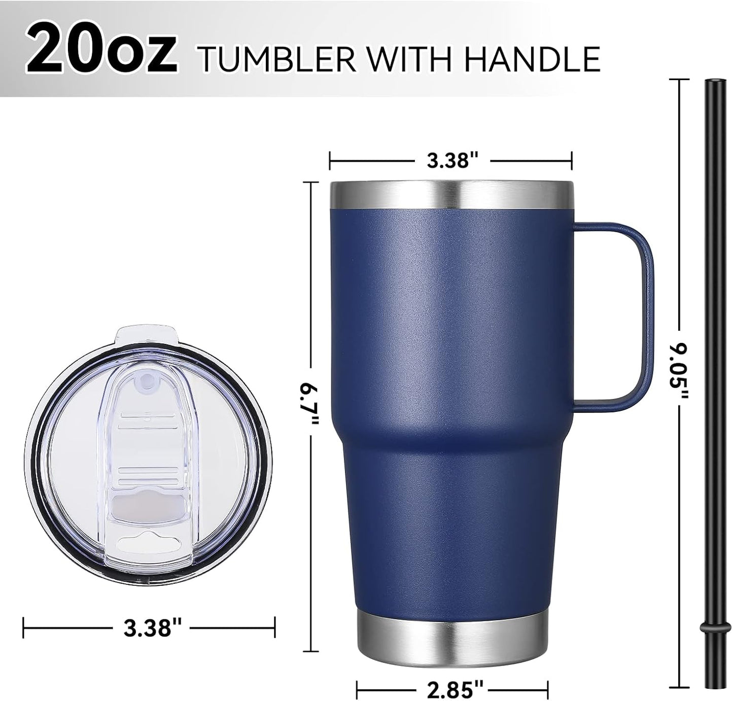 20 oz Tumbler with Handle Lid and Straw, Stainless Steel Insulated Travel Coffee Mug Spill Proof Double Wall Metal Tumbler Cup Keeps Drink Hot and Cold, Navy Blue 1 Pack