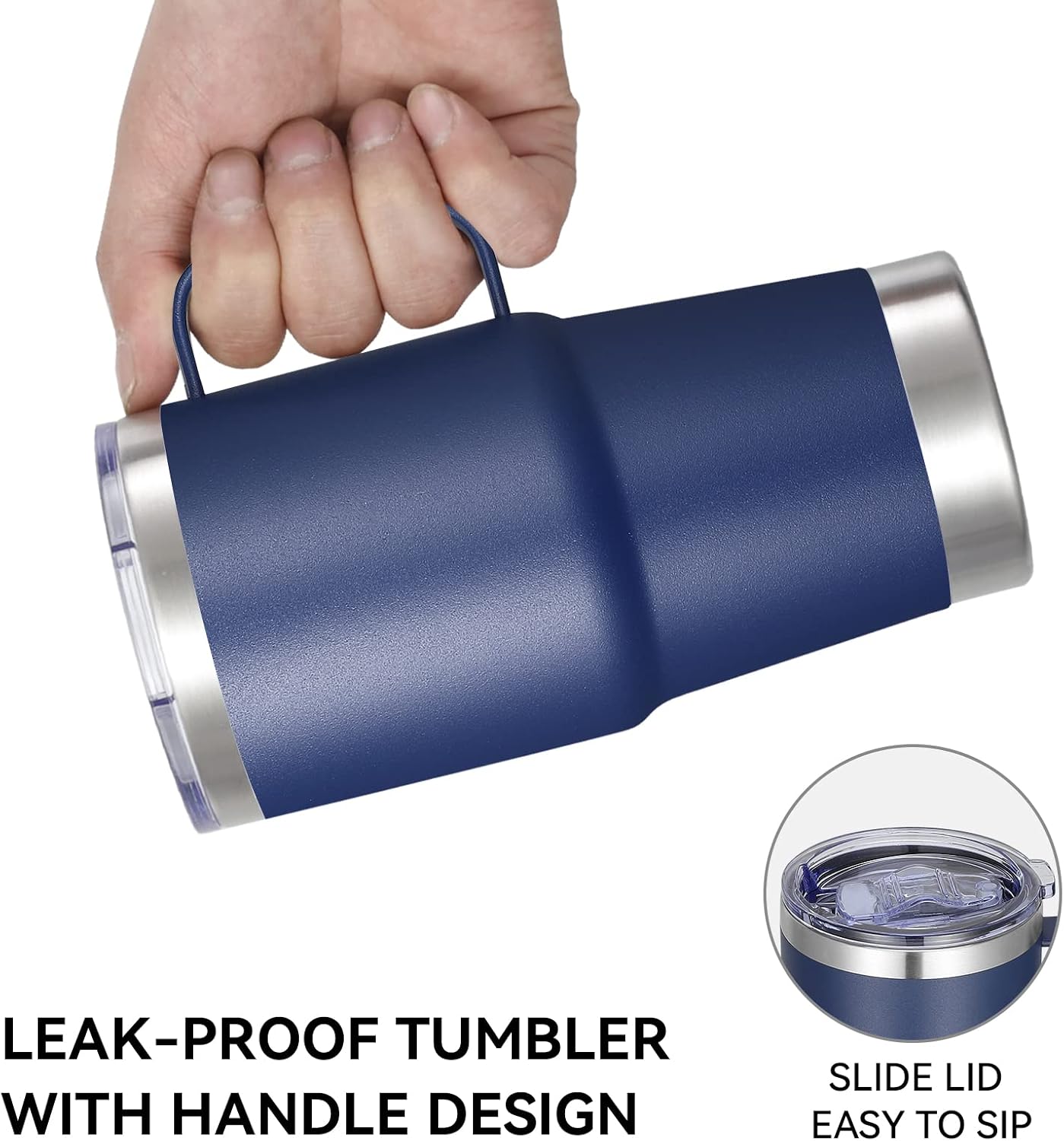 20 oz Tumbler with Handle Lid and Straw, Stainless Steel Insulated Travel Coffee Mug Spill Proof Double Wall Metal Tumbler Cup Keeps Drink Hot and Cold, Navy Blue 1 Pack