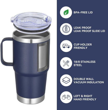 20 oz Tumbler with Handle Lid and Straw, Stainless Steel Insulated Travel Coffee Mug Spill Proof Double Wall Metal Tumbler Cup Keeps Drink Hot and Cold, Navy Blue 1 Pack