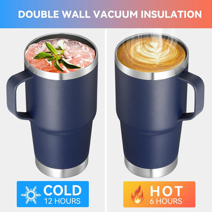 20 oz Tumbler with Handle Lid and Straw, Stainless Steel Insulated Travel Coffee Mug Spill Proof Double Wall Metal Tumbler Cup Keeps Drink Hot and Cold, Navy Blue 1 Pack