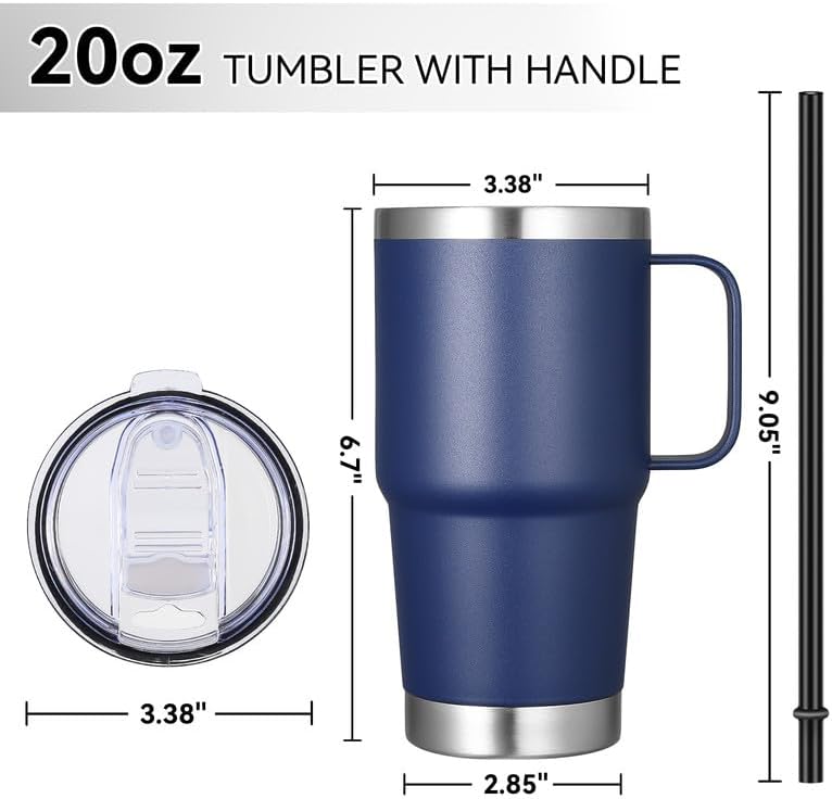 20 oz Tumbler with Handle Lid and Straw, Stainless Steel Insulated Travel Coffee Mug Spill Proof Double Wall Metal Tumbler Cup Keeps Drink Hot and Cold, Navy Blue 1 Pack