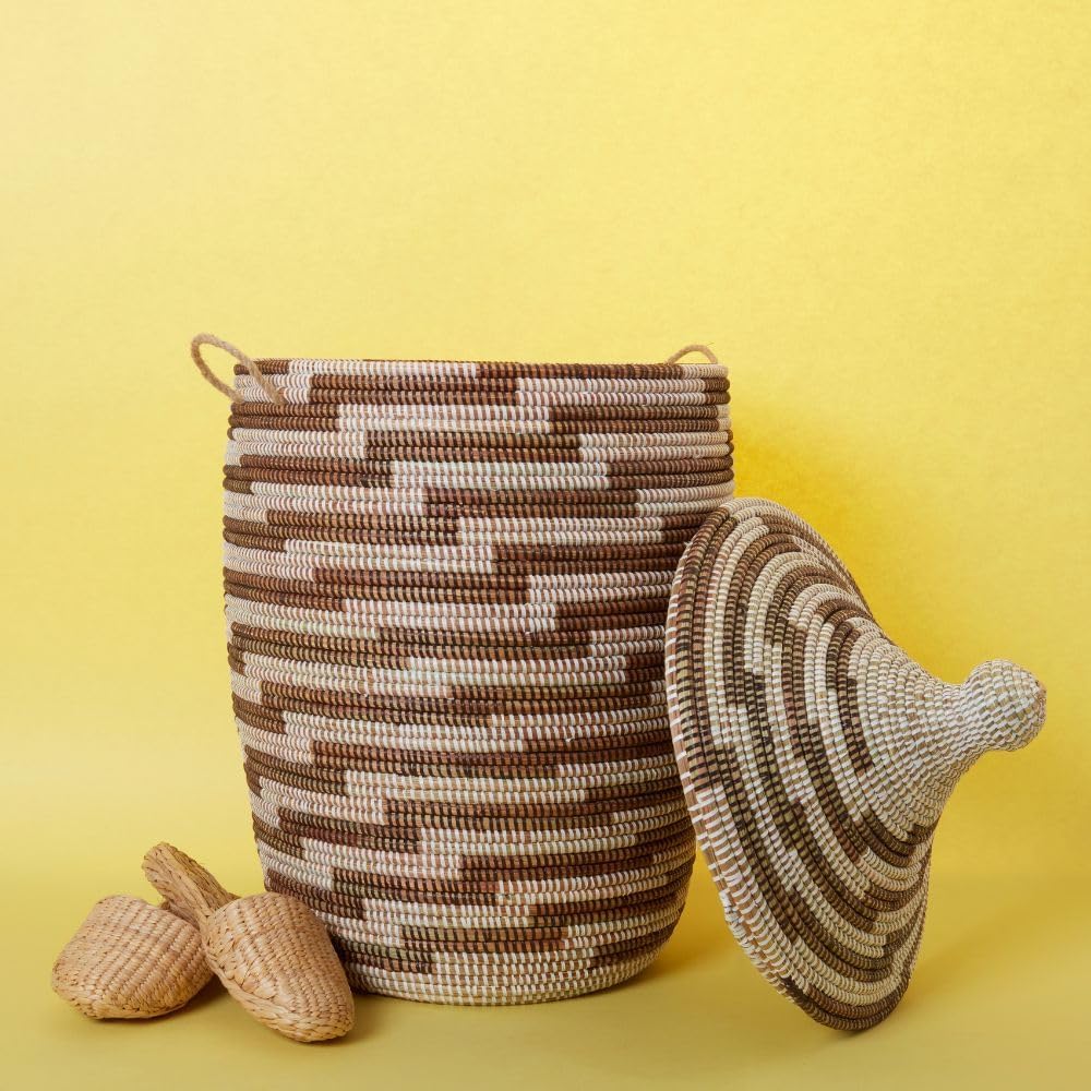 Basket, Laundry Hamper, Toy Storage, Blanket Basket, With Lid, Wicker, Woven, Bedroom, Living Room, Nursery, Decorative, Medium, White Brown