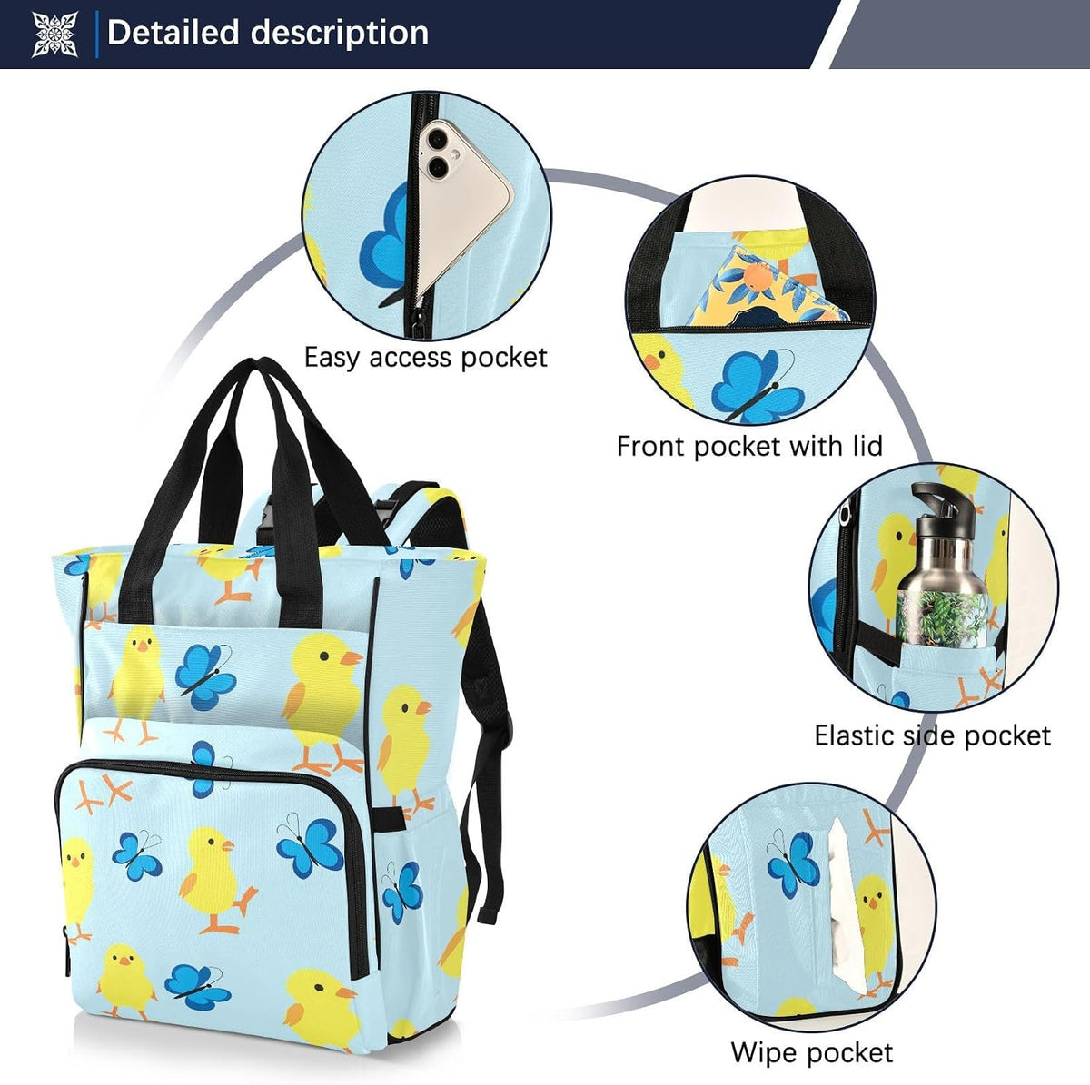 Diaper Bag Backpack, Multifunction Travel Bag for Moms Dads, Baby Changing Bag with Insulted Pockets, Stroller Straps and Side Bottle Pockets Springtime Friends Pattern