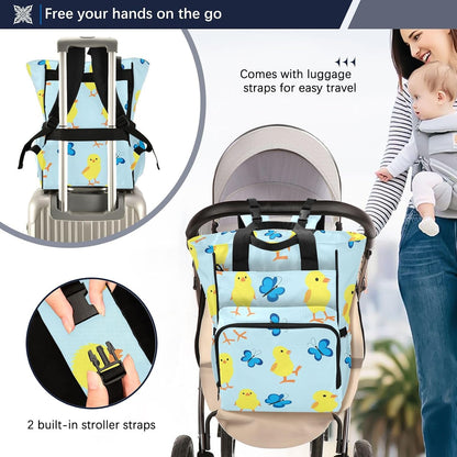 Diaper Bag Backpack, Multifunction Travel Bag for Moms Dads, Baby Changing Bag with Insulted Pockets, Stroller Straps and Side Bottle Pockets Springtime Friends Pattern
