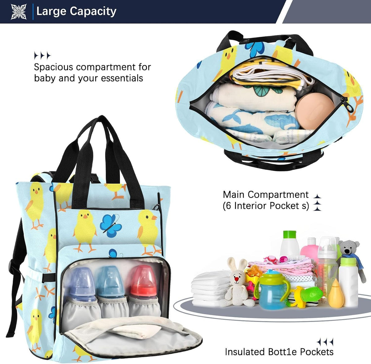 Diaper Bag Backpack, Multifunction Travel Bag for Moms Dads, Baby Changing Bag with Insulted Pockets, Stroller Straps and Side Bottle Pockets Springtime Friends Pattern