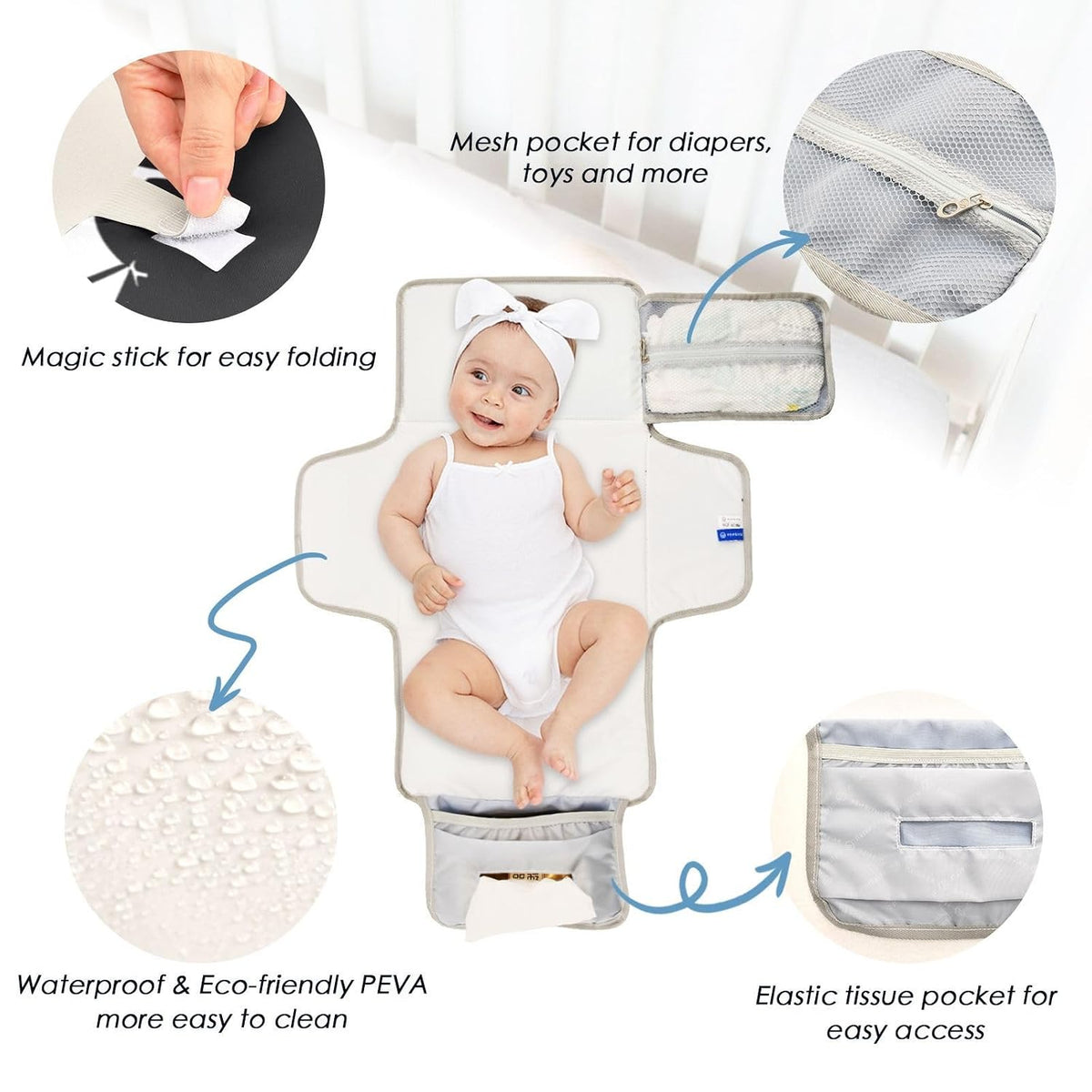 Halloween White Bats Portable Changing Pad for Unisex Baby Toddler Waterproof Foldable Baby Changing Mat with Pillow & Shoulder Strap Travel Changing Station for Hiking Traveling Gift