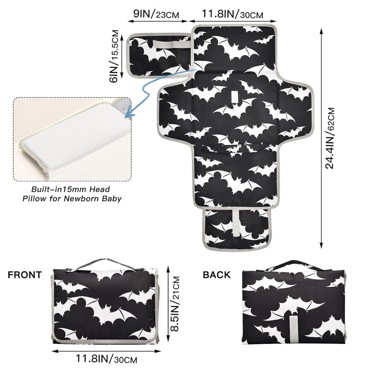 Halloween White Bats Portable Changing Pad for Unisex Baby Toddler Waterproof Foldable Baby Changing Mat with Pillow & Shoulder Strap Travel Changing Station for Hiking Traveling Gift