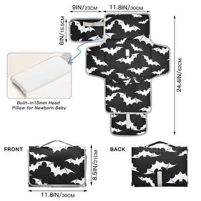 Halloween White Bats Portable Changing Pad for Unisex Baby Toddler Waterproof Foldable Baby Changing Mat with Pillow & Shoulder Strap Travel Changing Station for Hiking Traveling Gift