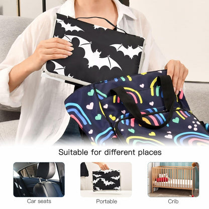 Halloween White Bats Portable Changing Pad for Unisex Baby Toddler Waterproof Foldable Baby Changing Mat with Pillow & Shoulder Strap Travel Changing Station for Hiking Traveling Gift