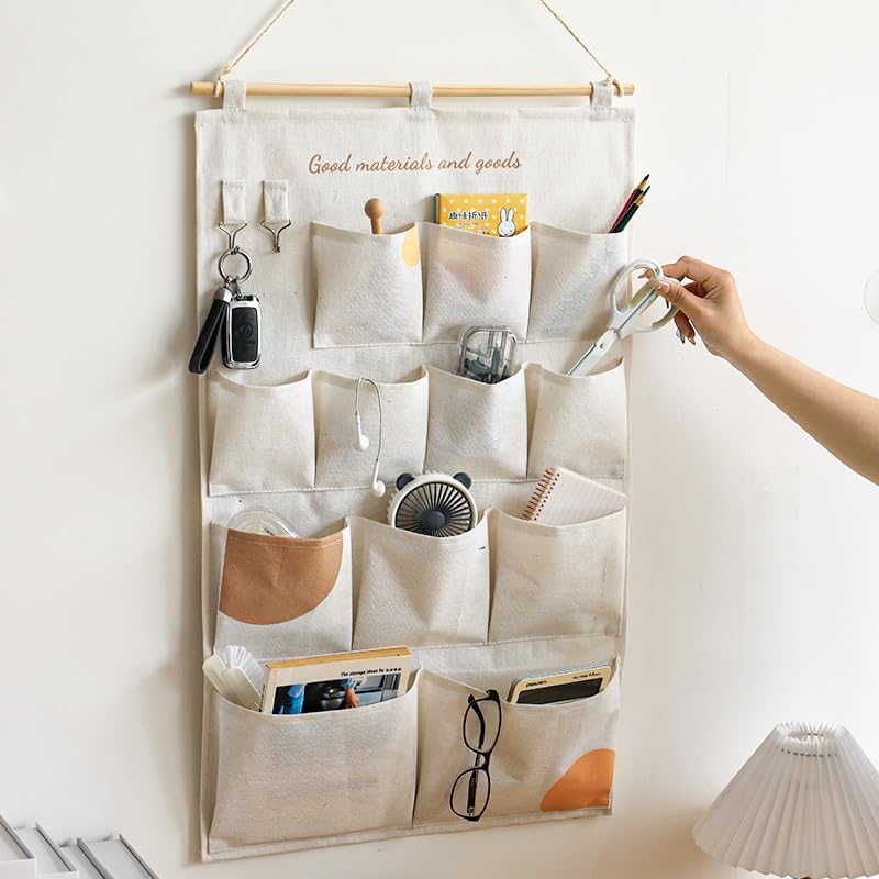 Wall Hanging Organizer with Pockets, Over Door Storage Organizer with Wooden Rod, Multi Pocket Fabric Wall Organizer for Bedroom Bathroom Closet Door, Space Saving Hanging Storage Bag (12)