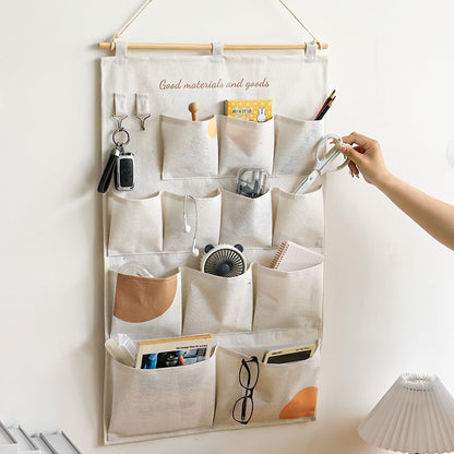 Wall Hanging Organizer with Pockets, Over Door Storage Organizer with Wooden Rod, Multi Pocket Fabric Wall Organizer for Bedroom Bathroom Closet Door, Space Saving Hanging Storage Bag (12)